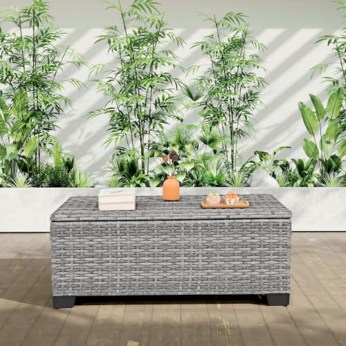 Rattaner Patio Coffee Table Outdoor Storage Table for Patio Wicker Coffee Table Outdoor Table with Patio Storage Box Furniture Cover, Stone Grey - color: Stone Grey