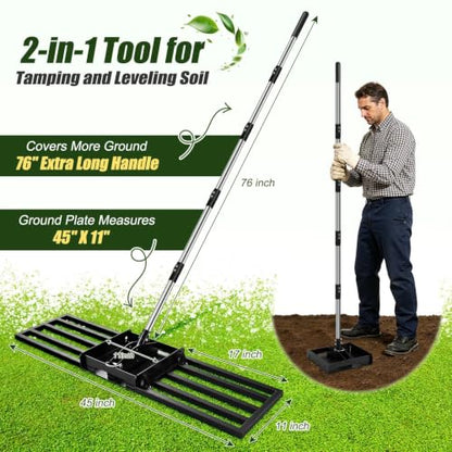 AugFir Lawn Leveling Rake, 2-in-1 Tamp and Lawn Leveler Tool，Heavy Duty Iron Dual-use 45” x 11” Base Plate with 76” Stainless Steel Handle, Quick Detach for Garden, Yard, Farm - color: Black