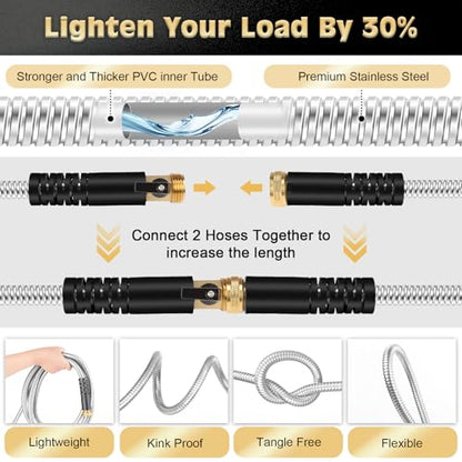 Metal Garden Hose 50FT Stainless Steel Heavy Duty Flexible Lightweight Water Hoses Pipe with 10-Function Spray Nozzle and 3/4" Solid Brass Fittings No Kink Durable for Outdoor Yard & Lawn - size: 50FT