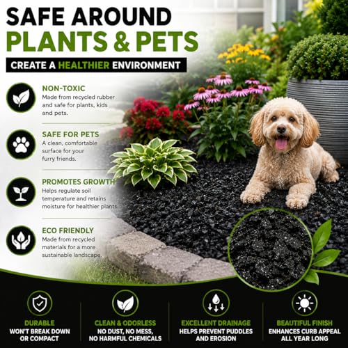 Premium Black Rubber Mulch 4 QT – Long Lasting Decorative Landscaping Ground Cover, Recycled Rubber Chips for Gardens, Flower Beds, Plants & Pathways, Fade Resistant Outdoor Mulch