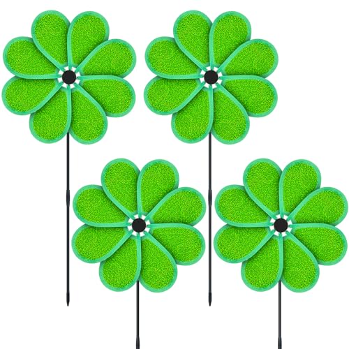 4PCS 11.4" W x 28" H Reflective Pinwheels Sparkly Lawn Wind Spinners Colorful Rainbow Windmill for Garden Decoration Bird Devices Deterrent to Scare Birds Away（Green） - color: Green