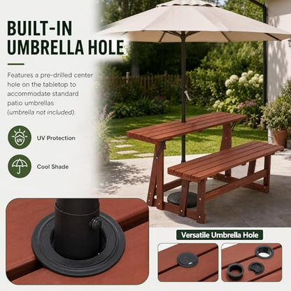 2-IN-1 Convert A Bench Picnic Table Wood Bench to Table With Umbrella Hole - size: 55inch