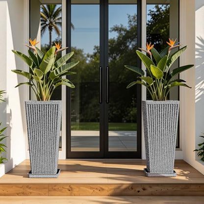 24" Tapered Tall Planters for Outdoor Plants with Tray&Shelf, Gray - color: Dark Gray-sandblasting