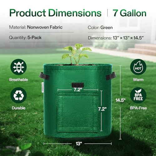 VIVOSUN 5-Pack 7 Gallon Potato Grow Bags, Roll-up Harvest Window - color: Green, size: 7 Gallon