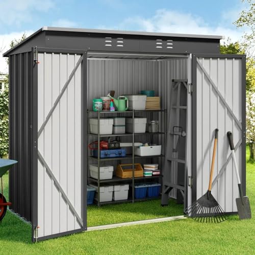 Gizoon 6x4 FT Outdoor Shed, Metal Garden Shed Lockable Doors, Dark Gray - color: Dark Gray, size: 6' x 4' FT/Sloped-roof