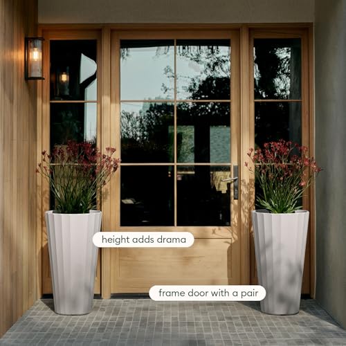 Veradek Column Series Tall Planter - Tapered Outdoor Planter with Shelf - color: White, style: Wide Groove - 2 Pack