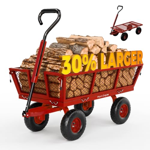 900 Lbs Heavy Duty Steel Garden Cart, Outdoor Metal Garden Wagon On Wheels, Utility Yard Cart with Mesh Removable Sides(Convert to Flatbed) and Removable Handle (to Wheel Barrow), Deep Red - color: Red