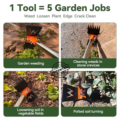 4-in-1 Weeding Tool with Hoe, Grabber, Pruning Shears & Scrub Brush,Garden Hoe & Weed Puller Tool with Long Handle,Dandelion Heavy Duty Uprooting Tool for Lawn Yard Garden - color: black
