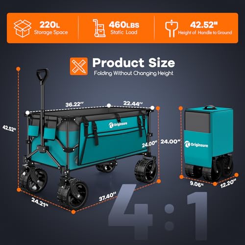 Originsure 220L Foldable Beach Wagon Cart with Big Wheels,460lbs,Turquoise - color: Grey&turquoise