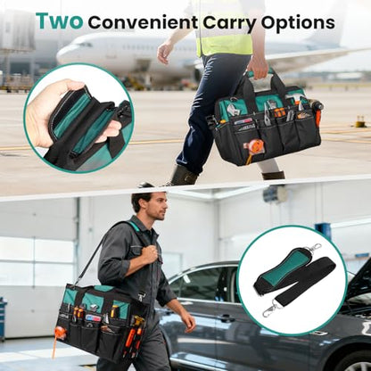 FamilyKit 17-Inch Heavy Duty Tool Bag for Men with 28 Multipurpose Pockets - color: Black-Green Tool Bag