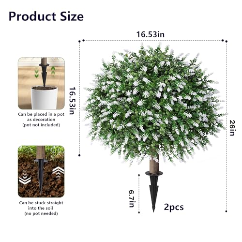 HyeFlora 26'' Artificial Topiary Boxwood Ball Trees with Lavender 2 Pack Fake Plants for Outdoor Indoor Artificial Shrubs with Ground Spike UV Resistant Fake Bushes for Front Porch Garden (White) - color: Ball Shaped-white Lavender