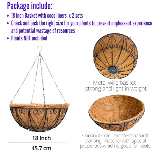 LaLaGreen Coco Hanging Baskets (18 in, 2 Pack) Black Wire Flower Pot Holder - size: 18" x 2 Pack