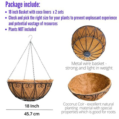 LaLaGreen Coco Hanging Baskets (18 in, 2 Pack) Black Wire Flower Pot Holder - size: 18" x 2 Pack