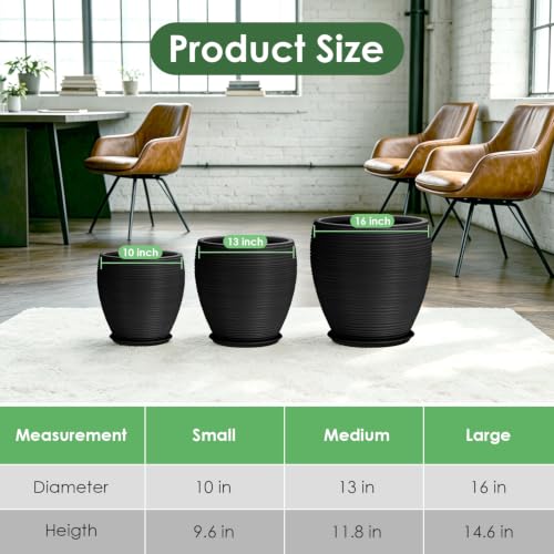 16/13/10 Inch Extra Large Planters for Indoor Outdoor Plants with Drainage - color: Black, size: 16+13+10 inch