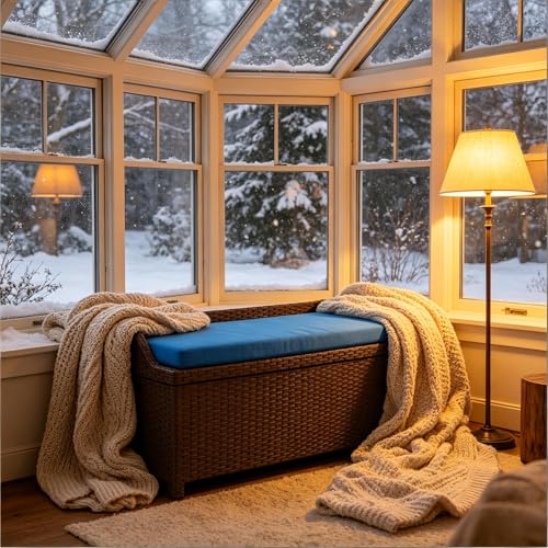 34 Gallon Outdoor Storage Bench, Rattan Wicker Deck Box with Blue Cushion - color: Blue,Coffee