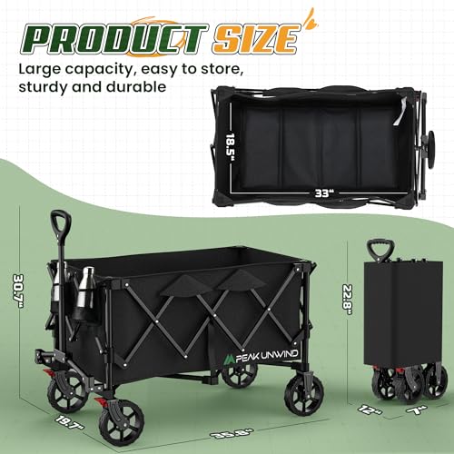 Wagons Carts Foldable,Collapsible Wagon with Wheels,450LBS Heavy Duty Beach Wagon Cart,Lightweight Portable Folding Utility Wagon Cart with Cup Holders for Camping, Garden, Sports, Grocery pcs - color: Black-200l