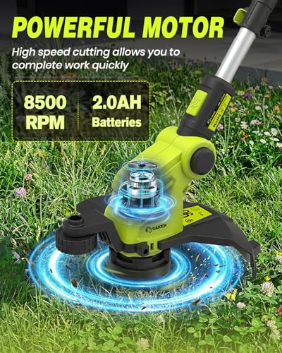 Saker Cordless Weed Wacker,3-in-1 Weed Cutter with Auto Line Feed, 12-in Cordless Lawn Mower Grass Trimmer&Edger Lawn&Mower Tool with 2 Batteries for Yard, Garden,Wireless Weed Eater with 2 Lines