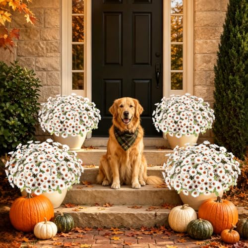 Fake Mums Artificial Fall Flowers for Outdoors Silk Daisy Bulk - color: White