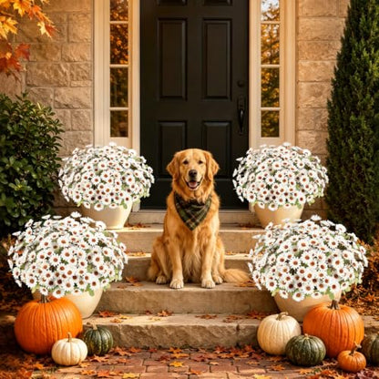 Fake Mums Artificial Fall Flowers for Outdoors Silk Daisy Bulk - color: White