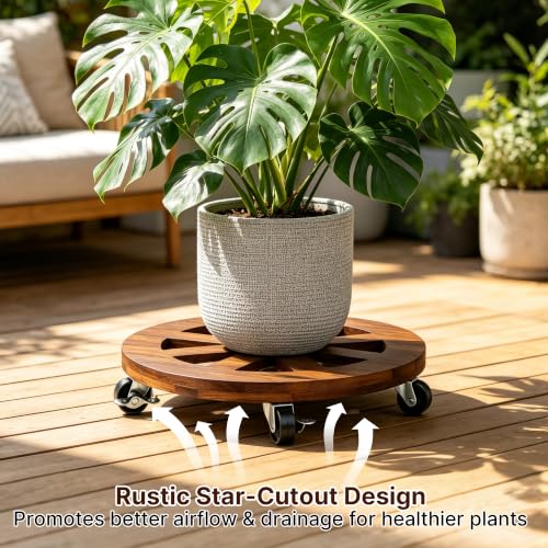 2 Pack Plant Caddy with Wheels 12'' Wood Rolling Plant Stand Indoor Brown