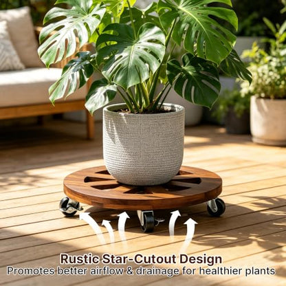 2 Pack Plant Caddy with Wheels 12'' Wood Rolling Plant Stand Indoor Brown