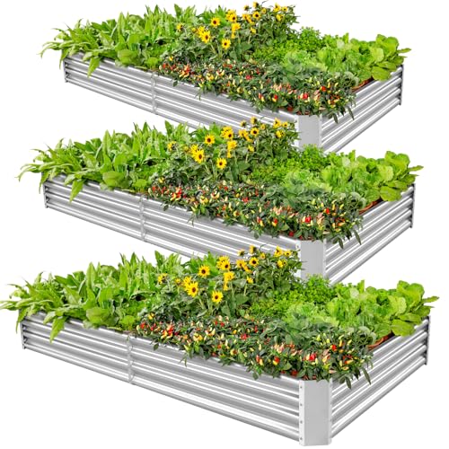 Land Guard 3 Pack 8×4×1ft Galvanized Metal Raised Garden Bed, Metal Planter Kit Box Outdoor for Deep-Rooted Vegetables, Flowers, Green and Herbs, Silver - color: Silver, size: 8×4×1ft