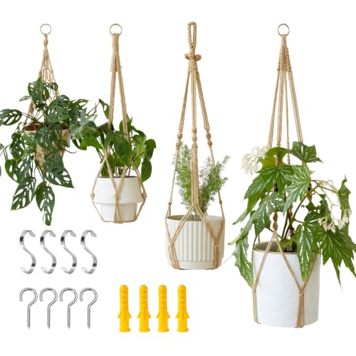4Pack Jute Macrame Plant Hangers Boho Hanging Planter - color: Jute
