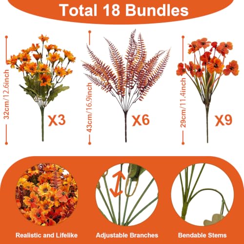 18 Bundles Artificial Fall Flowers for Outdoors Decoration UV Resistant