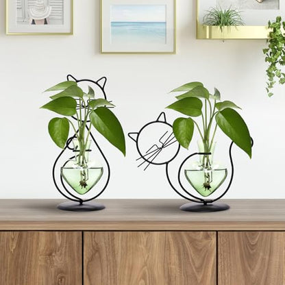 Plant Terrarium Propagation Station Gifts for Women Cat Lover - color: Green