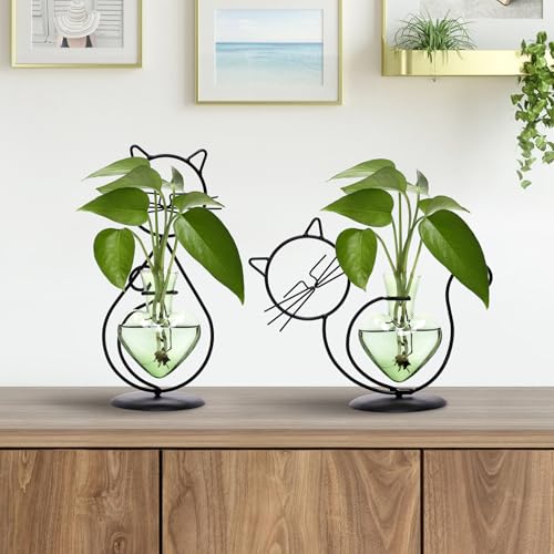 Plant Terrarium Propagation Station Gifts for Women Cat Lover - color: Green