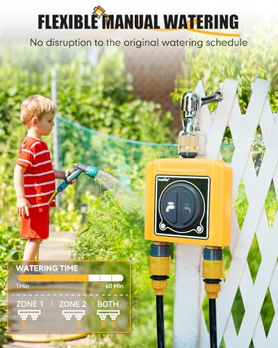RAINPOINT WiFi Water Timer with Brass Inlet & Outlet，2 Zone WiFi Hose Timer for Lawn,WiFi Sprinkler Controller via APP/Voice Control,Automatic Watering System by Time/Weather/Quantity/Soil Moisture - color: Yellow, size: 2 Zone