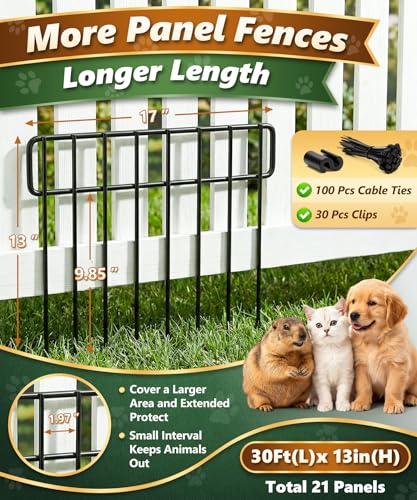 HIHADUUM 30Ft(L) X 13Inch(H) Animal Barrier Fence - 21 Pack Garden Fence Panels, Metal Garden Edging Fence Border No Dig Fencing for Dog Rabbits Ground Stakes Defense and Outdoor Patio Fence Extension - color: Black, size: 30 ft(L) X 13 in(H), 21 Pack