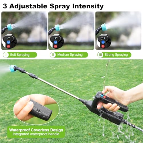 Battery Powered Sprayer Wand, 32 Inch Garden Sprayer Telescopic Wand with 3 Adjustable Speeds, Battery Indicator, 26.2 FT Hose, 7.4V Rechargeable Water Sprayer Wand with 4 Adjustable Nozzles & Filter