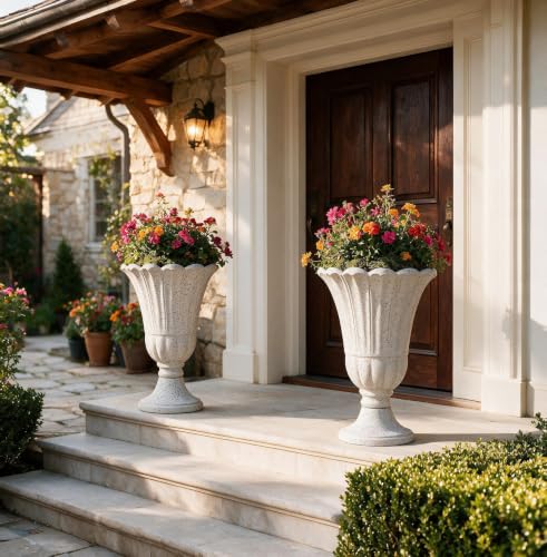 24" Tall Urn Planters for Outdoor Plants, Urns and Pedestal, Gray - color: Heather Grey-concrete Look/Sandblasting
