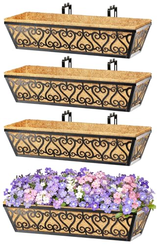 4 Pack 24 Inch Deck Railing Planter Box - Window Boxes Planters with Adjustable Brackets Coco Liners Balcony Planters Railing Hanging for Window Flower Boxes Outdoor Garden Decor - size: 24 Inch