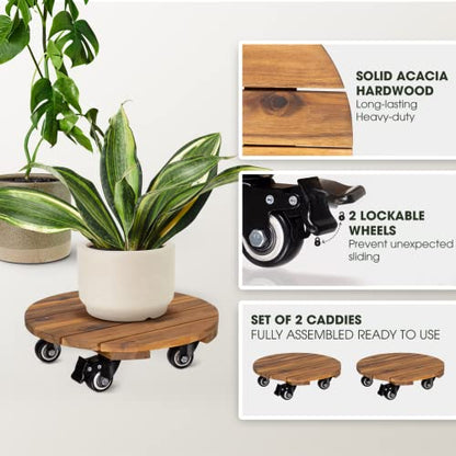 Idzo 2pack Wood Plant Caddy With Wheels Heavy Duty, 264 Lbs Capacity, 12 Inch Acacia Hardwood Plant Dolly, Plant Stand with 360° Lockable Wheels, Plant Caster for Heavy Objects Hauling - Natural Wood - color: Round Wood Natural, size: 12 Inch