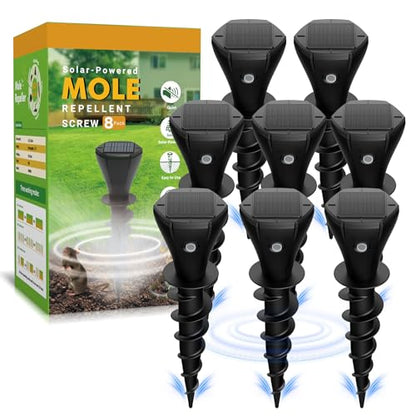 Solar Powered Mole Repellent for Lawns, 8 Pack Ultrasonic Vole Repeller Outdoor, IP 65 Waterproof Outdoor Ultrasonic Mole Deterrent Get Rid of Gopher Vole Skunk Groundhog in Garden Yard