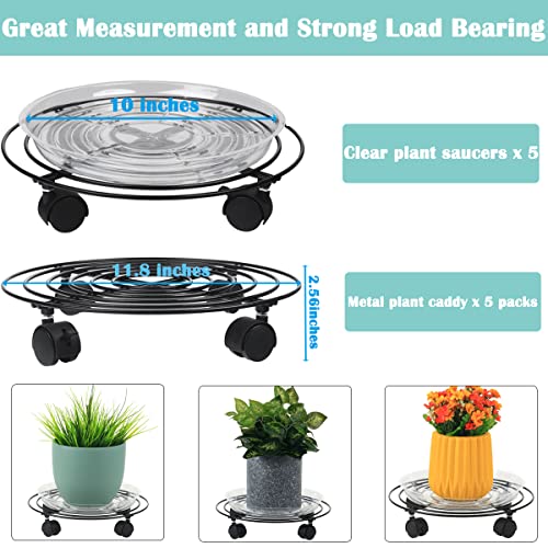 5-Pack Metal Plant Caddy 11.8" Dolly with Wheels - Heavy-duty Wrought Iron Rolling Plant Stand with Casters for Indoor and Outdoor Use - Black, Plastic Saucers Included - color: Balck