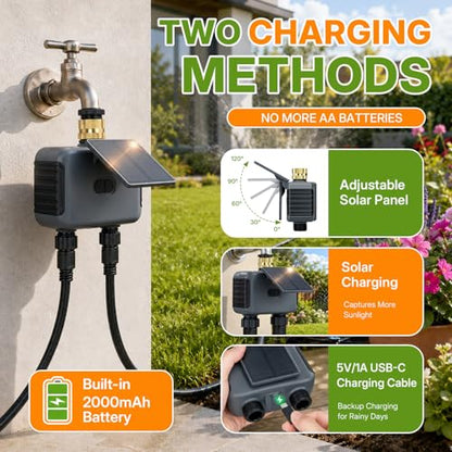 Mcbazel Solar WiFi Water Timer for Garden Hose, 2 Zone Sprinkler Controller
