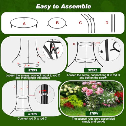 4 Pack Peony Cages and Supports, 12.5"Dx24"H Dual-Ring Metal Plant Supports - color: Black-Metal-4PC