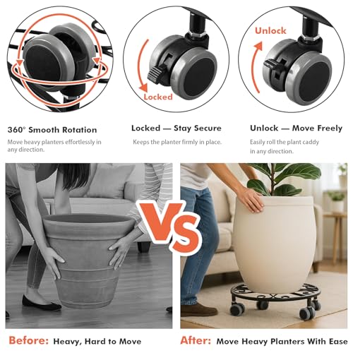 Planterhoma 5 Pack Plant Caddy with Wheels & Saucers, 11.8" Heavy Duty Metal Rolling Plant Stand, Plant Dolly with Lockable Casters, Rustproof Iron Planter Mover for Indoor Outdoor, Black - size: 11.8 Inches - 5 Pack