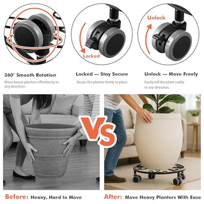 Planterhoma 5 Pack Plant Caddy with Wheels & Saucers, 11.8" Heavy Duty Metal Rolling Plant Stand, Plant Dolly with Lockable Casters, Rustproof Iron Planter Mover for Indoor Outdoor, Black - size: 11.8 Inches - 5 Pack
