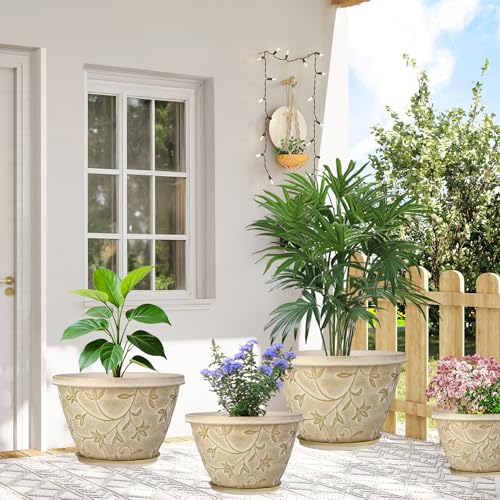 Nooulap 8 Inch Plant Pot, Beige Flower pots, 4 Pack - color: Beige, size: 8 inch