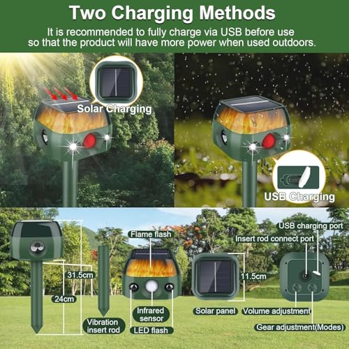 Ultrasonic Animal Repellent Outdoor,2026 Solar Animal Repeller,360°Cat Repellent Outdoor with Motion Sensor & Flame Light,Waterproof Deer Repellent Devices for Repelling Deer,Rabbit,Raccoon,Squirrels
