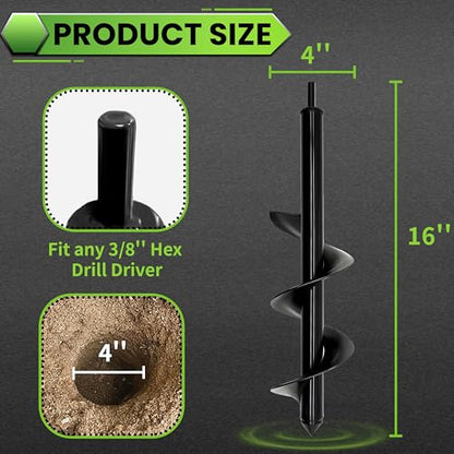4"X16" Heavy-Duty Auger Drill Bit for Planting - Garden Spiral Drill Bit - Bulb Planter Tool & Post Hole Digger - 3/8" Hex Drive - size: 4"x16"