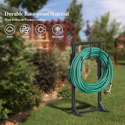Winpull Garden Hose Holder, Metal Freestanding Hose Stand with 4 Spikes, Holds up to 150FT Hose, Sturdy Hose Reel Alternative, Heavy Duty Hose Storage for Outside Yard Lawn - color: Black-double