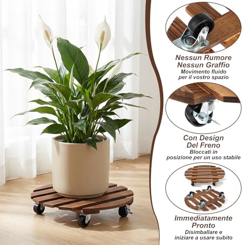 2 Pack Wood Plant Caddy with Wheels, 14 Inch Heavy-Duty Plant Dolly with 360° Lockable Casters, Rolling Plants Stand for Large Pots, Indoor & Outdoor Use
