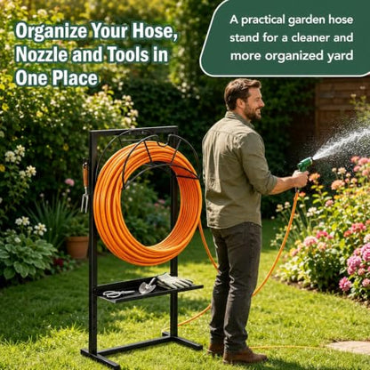 facka Garden Hose Holder Freestanding Metal Hose Stand 4-Prong Shelf Hooks