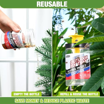 Qualirey 4 Pcs Fly Traps Outdoor Reusable Hanging Fly Jar Trap Gnat Bug Catcher Killer for All Flies Outside Filth Flies Insect Bug Control Patios Yard Ranch Barns(Yellow) - color: Yellow