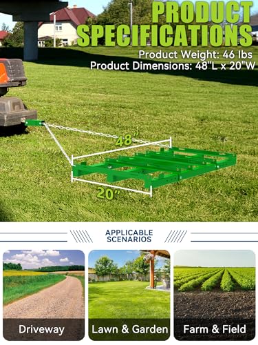 4ft Heavy Duty Drag Harrow for ATV, UTV, Tractor - Adjustable Tow Behind Leveling Rake with Weight Tray for Driveway Grader, Lawn, Field, Pasture, Food Plot Maintenance, Green(48 inch) - size: 4 ft